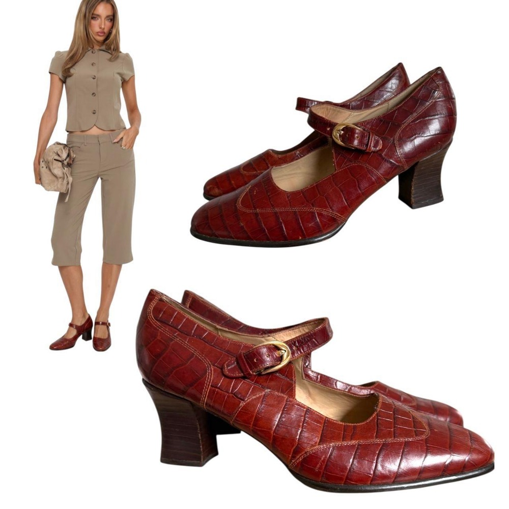 90s Vintage Liz Claiborne Croc Leather Mary Jane Buckle Heels Size 8.5 -9 rare - Picture 3 of 5